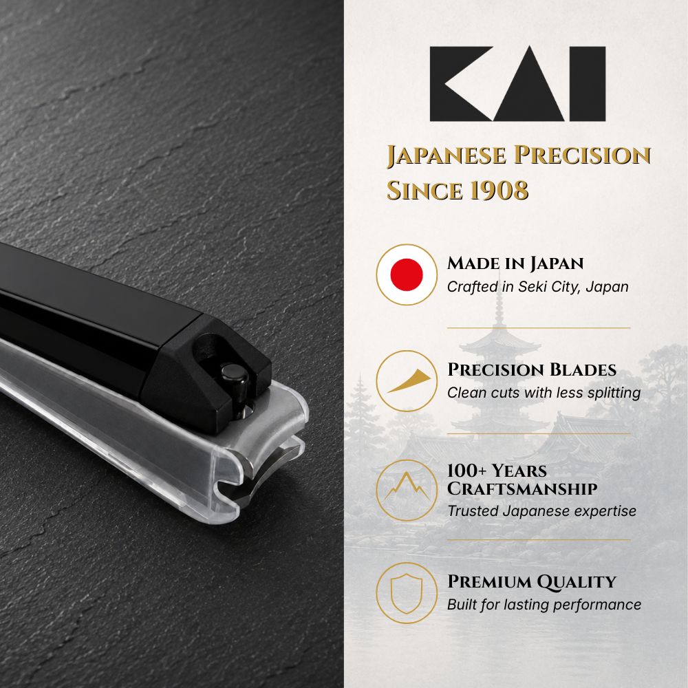 Nail clipper with KAI brand logo and Japanese precision information on a dark background